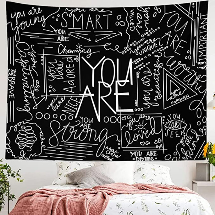 Quote You are Wall Tapestry, Inspirational Wall Art Positive Saying Wall Hanging White Tapestry for Teen Girl Bedroom Dorm - Black
