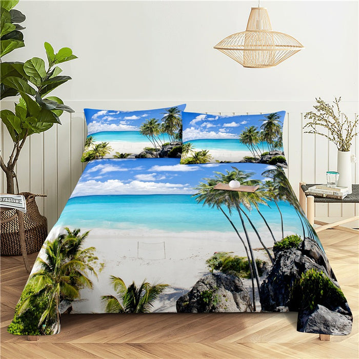 Seaside Beach Print Bed Flat Bedding Set
