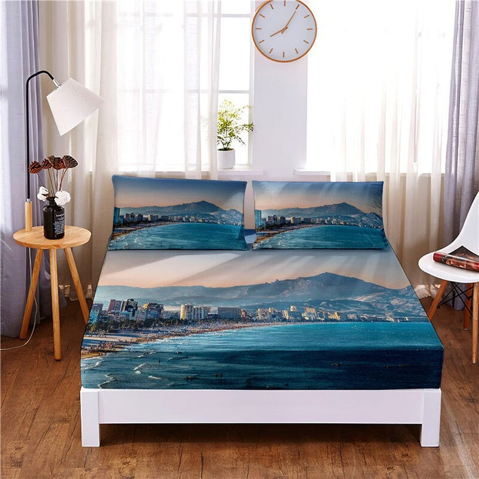 3 Pcs Seaside Digital Printed Polyester Bed Sheet Set