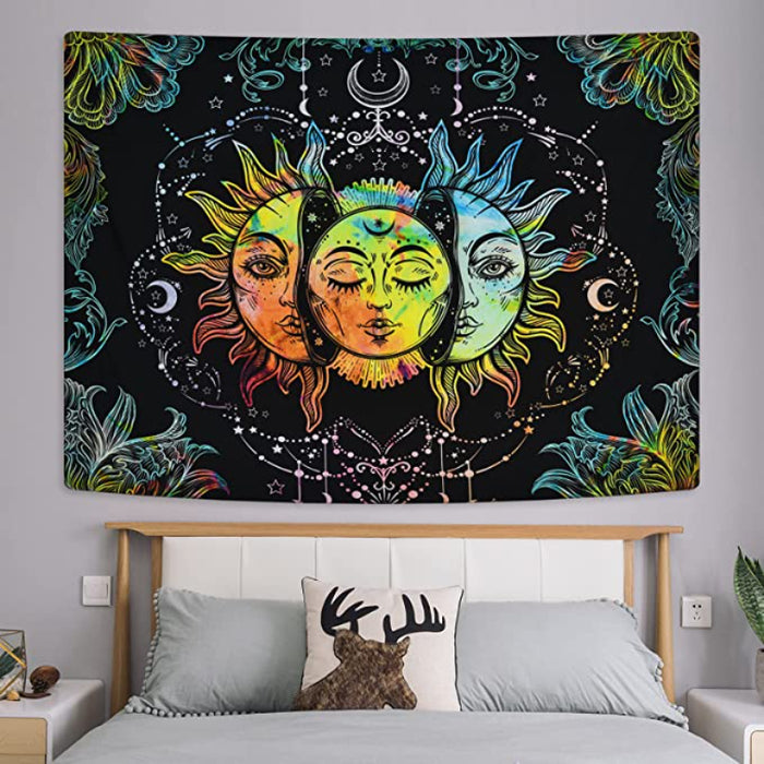 Sun And Moon Tapestry Burning Sun Tapestry Black Colorful Wall Tapestries Moon And Stars Tapestry Psychedelic Mandala Tapestry Wall Hanging For Room
