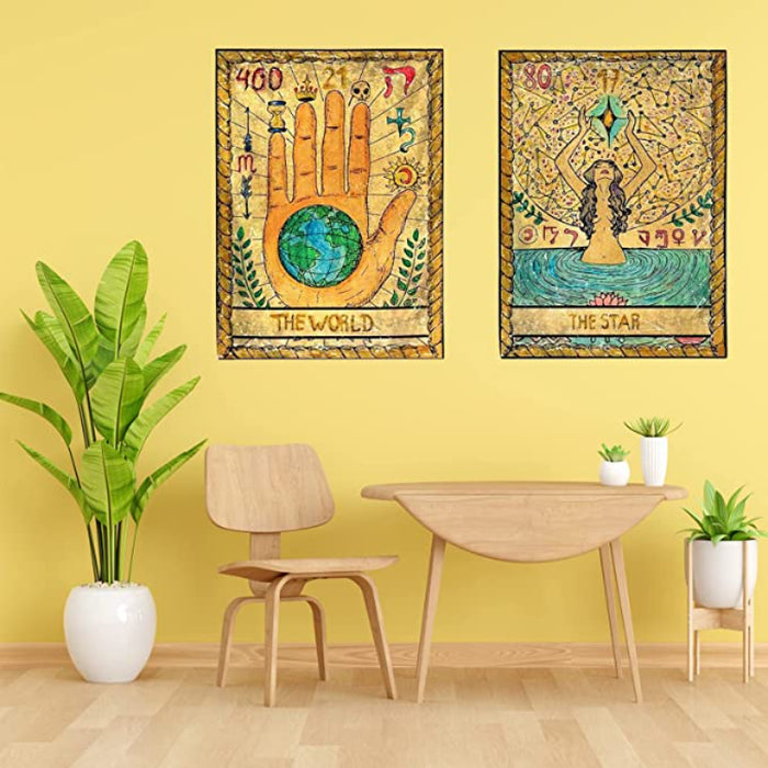 4 Pcs Tarot Flag Tapestry- Small Tarot Card Europe Mysterious Medieval Tapestry, The World, The Sun, The Moon, The Star Astrology Divination Tapestry For Home Room With Seamless Nails