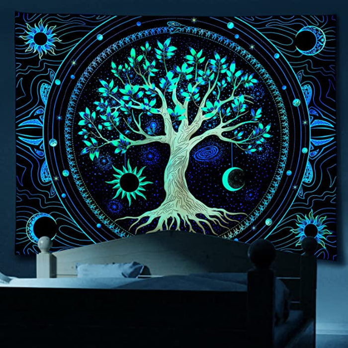 Tapestry For Bedroom Aesthetic Black Light Tree of Life Tapestry UV Reactive Trippy Tapestry Colorful Wall Tapestry Hippie Sun Moon Star Galaxy Space Tapestries Green Forest Wall Hanging Decor Vibrant Nature Home Posters