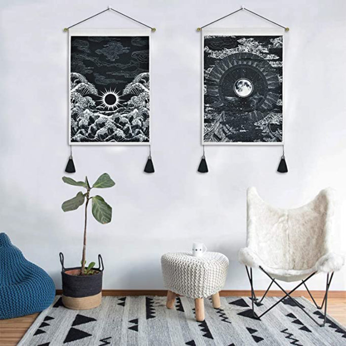 Pack Of 2 Tapestry Moon And Star Tapestry Ocean Wave Tapestry Black And White Tapestries Mountain Tapestry Sunset Great Wave Tapestry Wall Hanging For Room