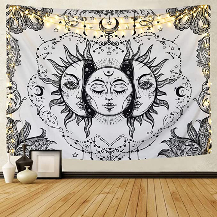 Sun And Moon Tapestry Black And White Tapestry Psychedelic Fractal Faces Tapestry Wall Hanging, Durable Easy To Hanging Machine Washable