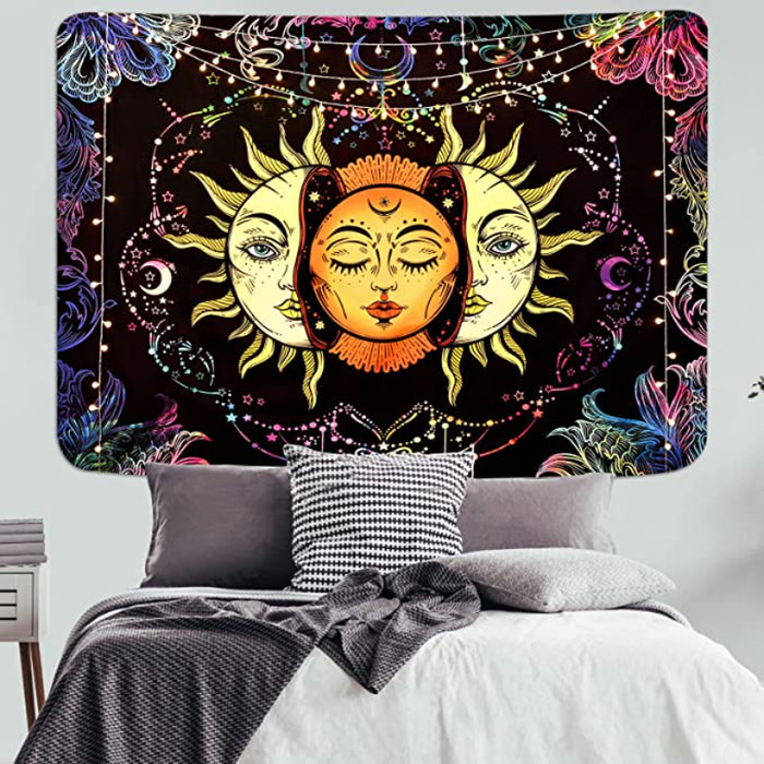 Sun And Moon Tapestry Burning Sun Tapestry Black Colorful Wall Tapestries Moon And Stars Tapestry Psychedelic Mandala Tapestry Wall Hanging For Room - Yellow Fractal Faces