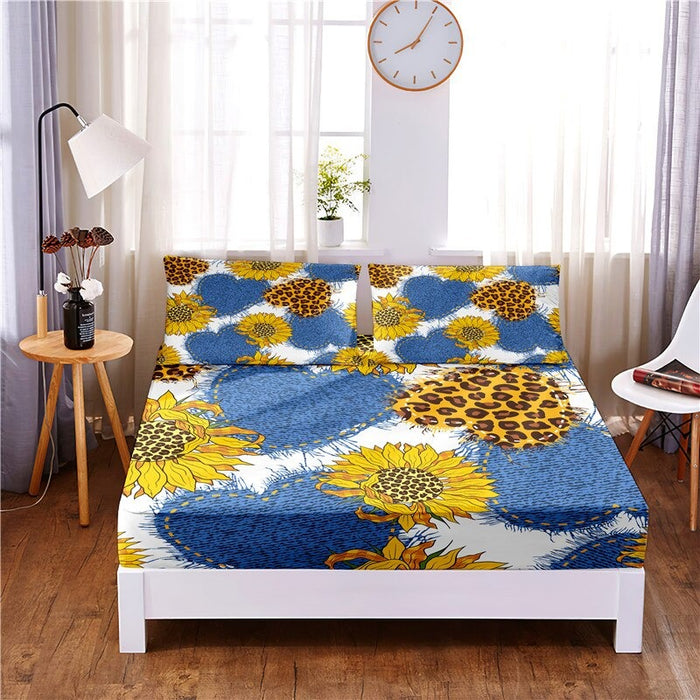 3 Pcs Sunflower Digital Printed Polyester Fitted Bed Sheet Set