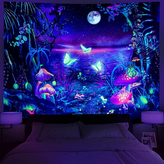 Blacklight Fantasy Forest Tapestry Trippy UV Reactive Butterfly Tapestries for Bedroom Living Room