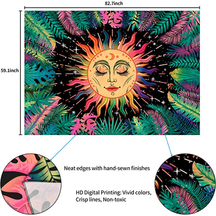 Psychedelic Sun Tapestry Plants Leaves Tapestry Moon And Stars Tapestry Mystical Fractal Faces Tapestry Colorful Mandala Wall Hanging For Room