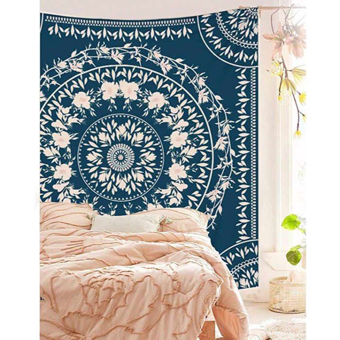 Blue Sketched Floral Medallion Tapestry, Bohemian Mandala Wall Hanging Tapestries, Indian Art Print Mural for Bedroom Living Room Dorm Home Decor