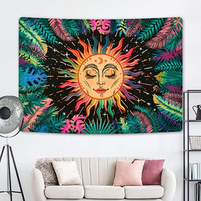 Psychedelic Sun Tapestry Plants Leaves Tapestry Moon And Stars Tapestry Mystical Fractal Faces Tapestry Colorful Mandala Wall Hanging For Room