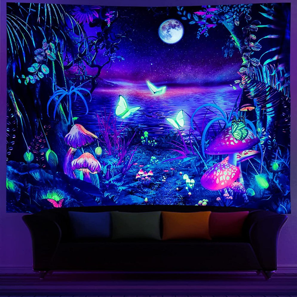 Blacklight Fantasy Forest Tapestry Trippy UV Reactive Butterfly Tapest ...