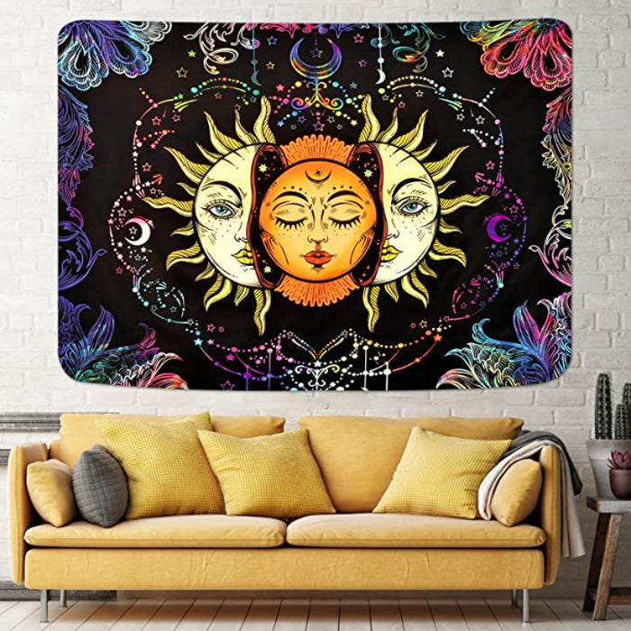 Sun And Moon Tapestry Burning Sun Tapestry Black Colorful Wall Tapestries Moon And Stars Tapestry Psychedelic Mandala Tapestry Wall Hanging For Room - Yellow Fractal Faces