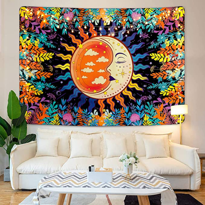 Moon Garden Tapestry Plants Flowers Tapestries Moon And Stars Tapestry Mystical Sun Tapestry Colorful Mandala Wall Hanging For Room