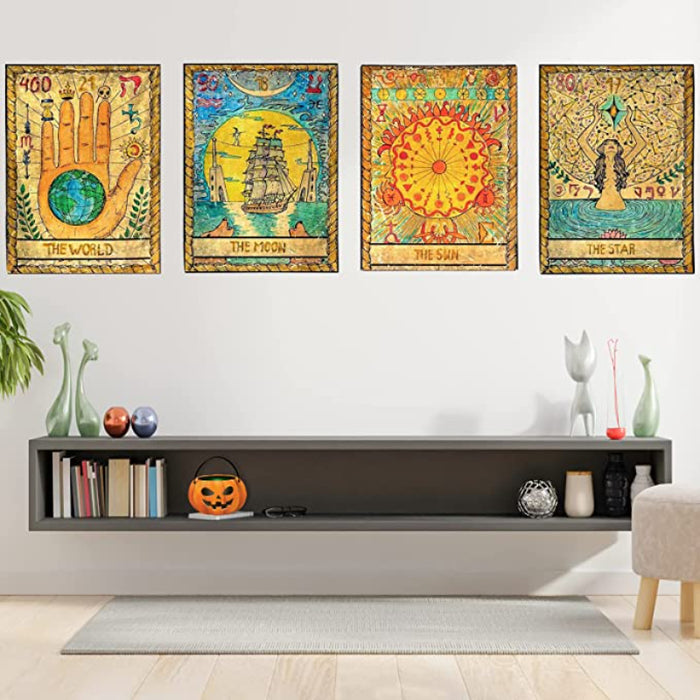 4 Pcs Tarot Flag Tapestry- Small Tarot Card Europe Mysterious Medieval Tapestry, The World, The Sun, The Moon, The Star Astrology Divination Tapestry For Home Room With Seamless Nails