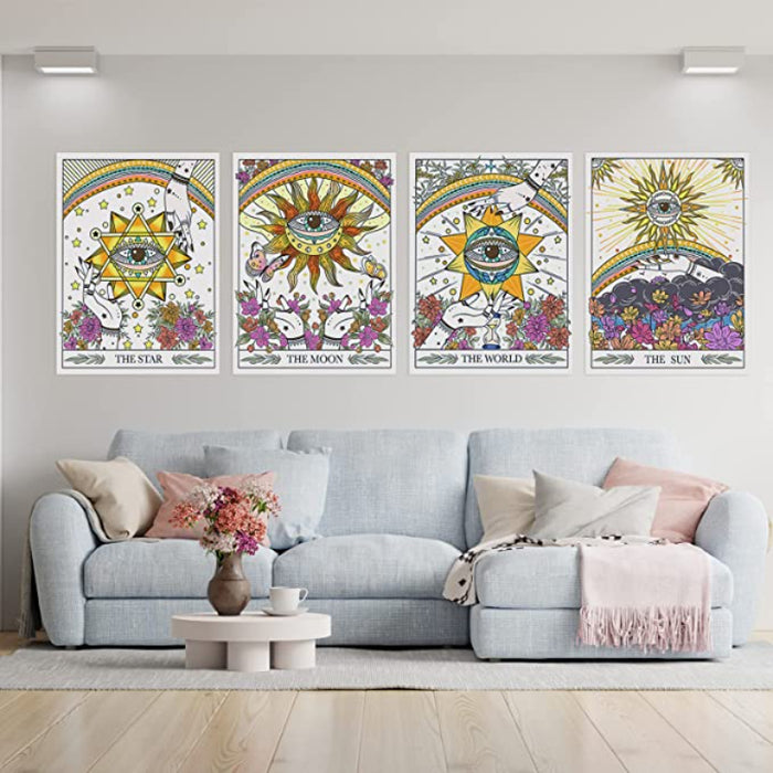 4 Pcs Tarot Flag Tapestry- The Sun The Moon The World The Star Tarot Tapestry, Mysterious Medieval Astrology Divination Wall Tapestries Wall Hanging Floral Tapestry For Bedroom Dorm Living Room