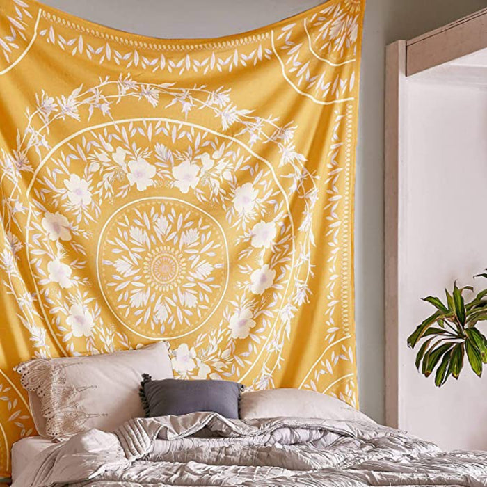 Sketched Floral Medallion Yellow Tapestry, Bohemian Mandala Wall Hanging Tapestries, Indian Art Print Mural for Bedroom Living Room Dorm Home Decor