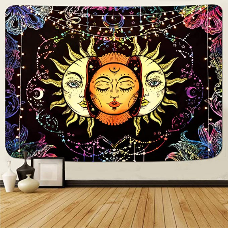 Sun And Moon Tapestry Burning Sun Tapestry Black Colorful Wall Tapestries  Moon And Stars Tapestry Psychedelic Mandala Tapestry Wall Hanging For Room  - 