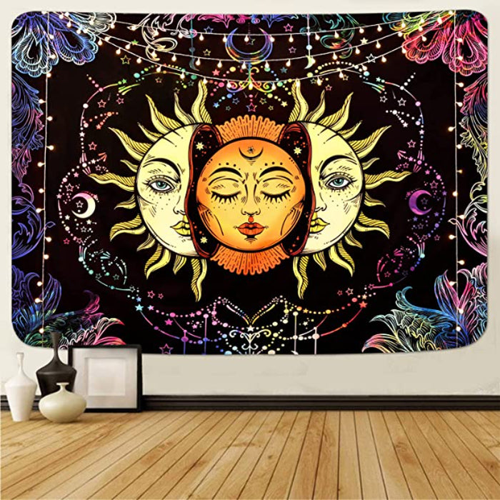 Sun And Moon Tapestry Burning Sun Tapestry Black Colorful Wall Tapestries Moon And Stars Tapestry Psychedelic Mandala Tapestry Wall Hanging For Room - Yellow Fractal Faces