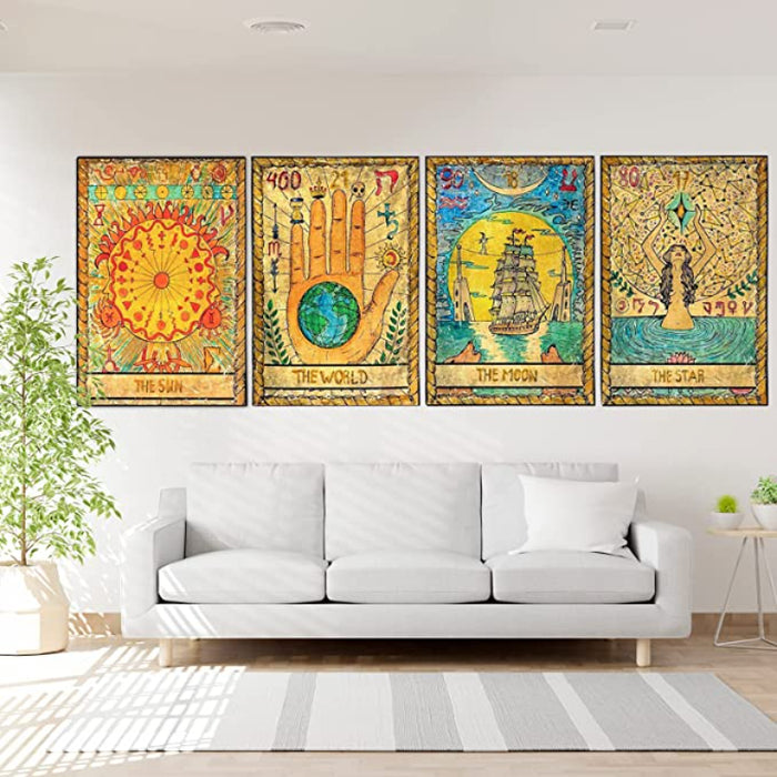 4 Pcs Tarot Flag Tapestry- Small Tarot Card Europe Mysterious Medieval Tapestry, The World, The Sun, The Moon, The Star Astrology Divination Tapestry for Home Room With Seamless Nails