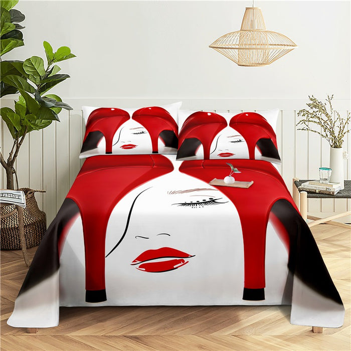 Red Lips Print Bed Flat Bedding Set