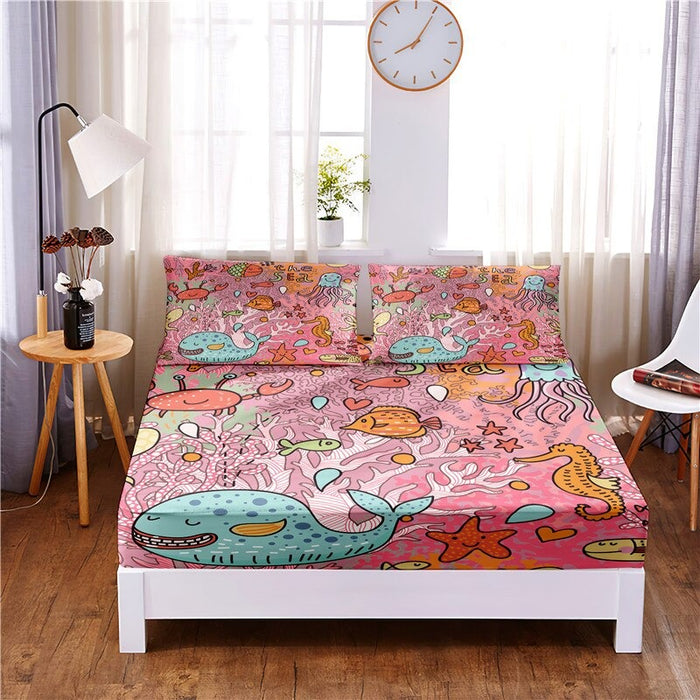 3 Pcs Animated Animal Digital Printed Polyester Fitted Bed Sheet Set