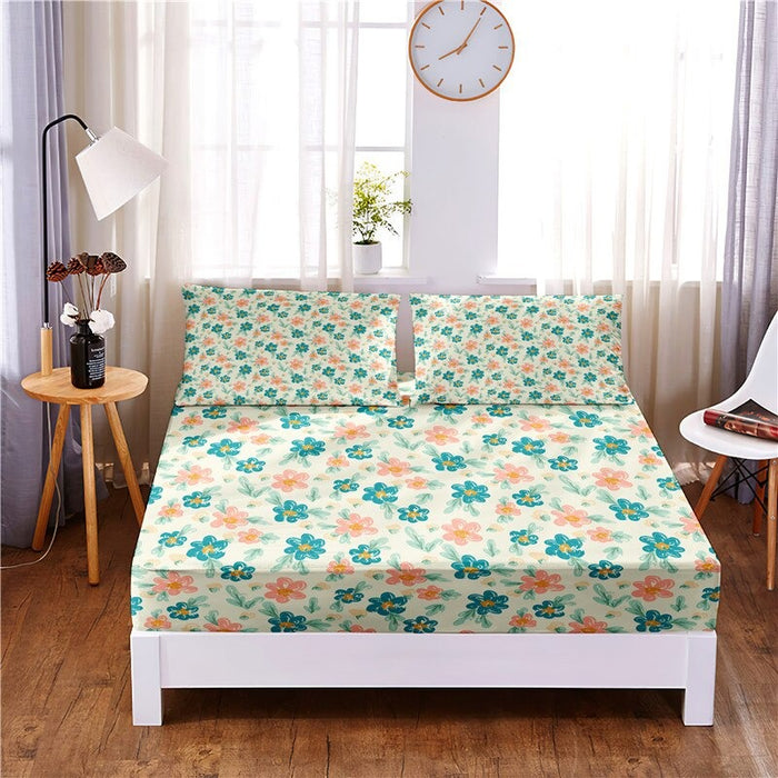 Floral Digital Printed Polyester Fitted Bed Sheet Set