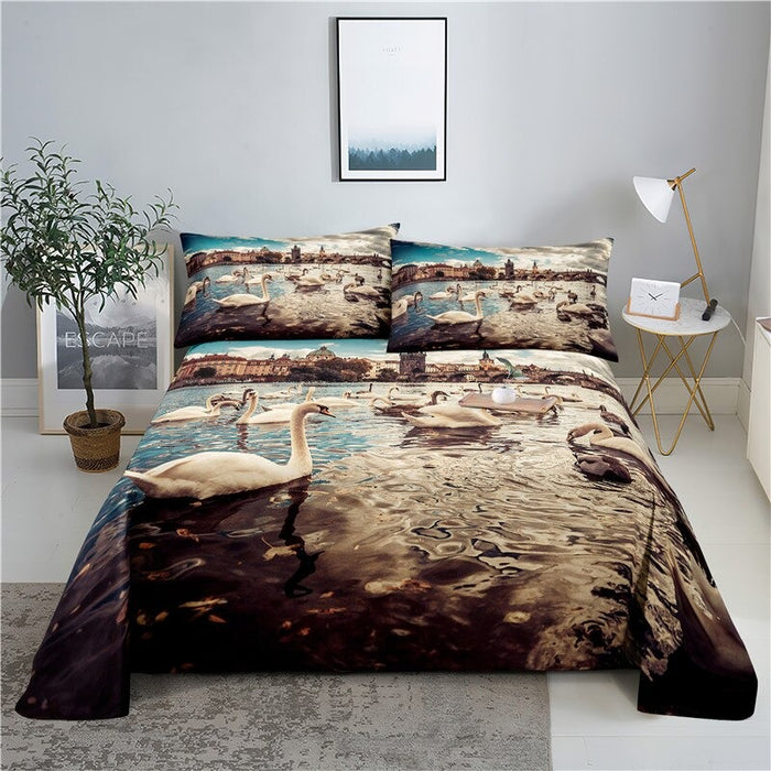 Swan Digital Printed Polyester Bed Sheet Set