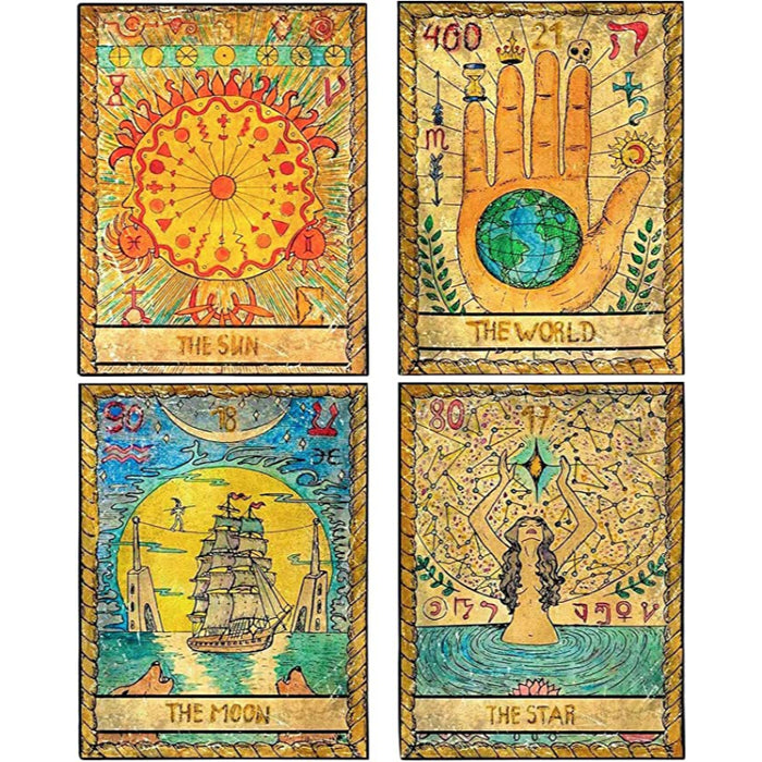 4 Pcs Tarot Flag Tapestry- Small Tarot Card Europe Mysterious Medieval Tapestry, The World, The Sun, The Moon, The Star Astrology Divination Tapestry for Home Room With Seamless Nails