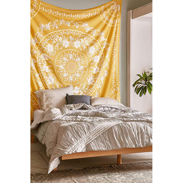 Sketched Floral Medallion Yellow Tapestry, Bohemian Mandala Wall Hanging Tapestries, Indian Art Print Mural for Bedroom Living Room Dorm Home Decor