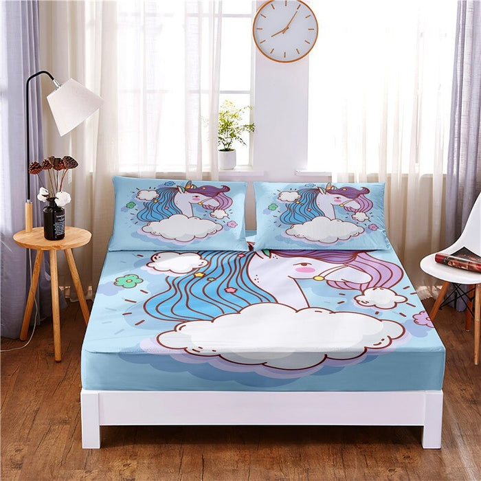 3 Pcs Lucky Unicorn Digital Printed Polyester Fitted Sheet