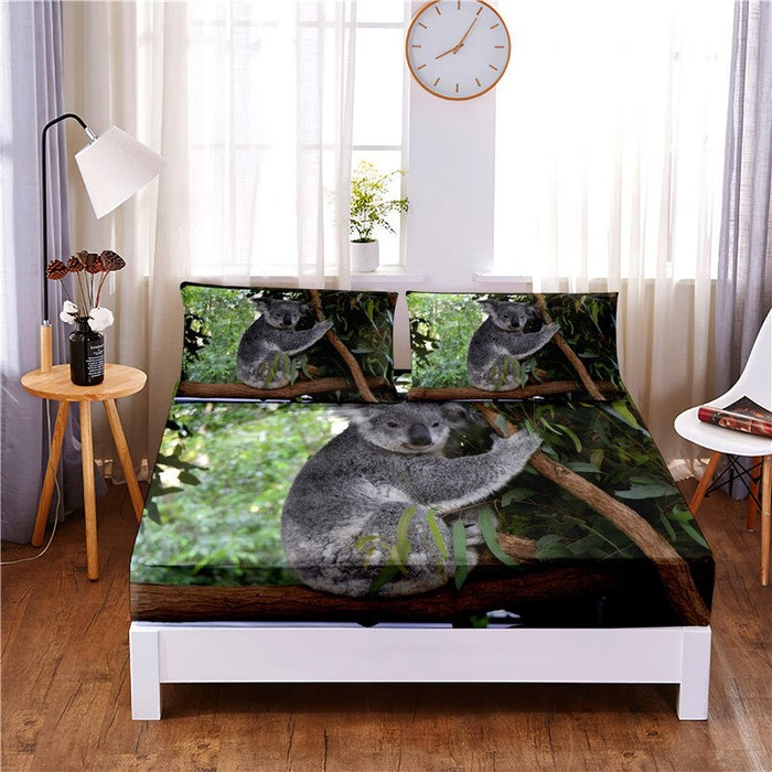 3 Pcs Lovely Koala Digital Printed Polyester Fitted Bed Sheet Set