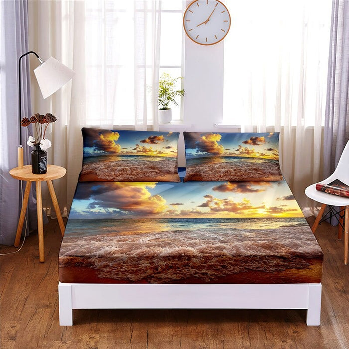 3 Pcs Beautiful Sea Digital Printed Polyester Fitted Bed Sheet Set
