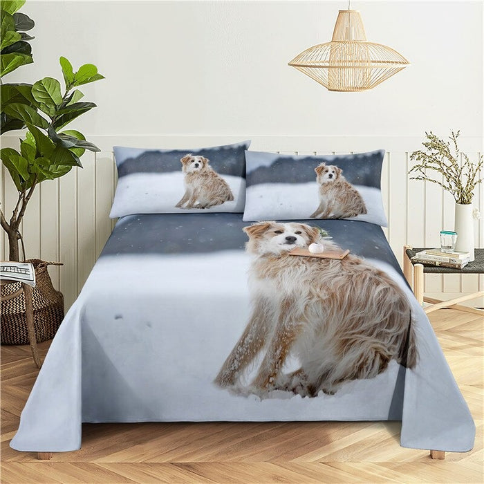 Snow Dog Printing Polyester Flat Bed Bedding Set