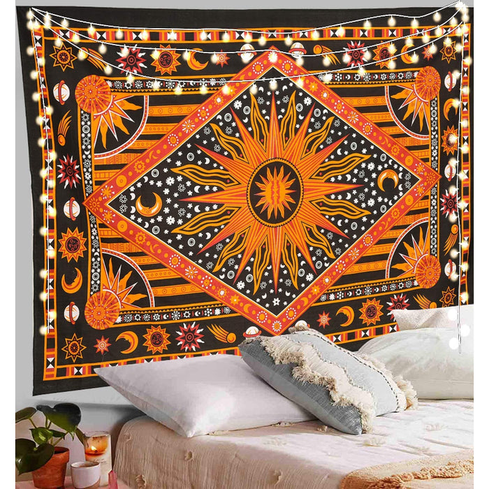 Burning Sun Tie Dye Tapestry, Celestial Sun Moon Star Planet Bohemian Tapestry Tarot Wall Hanging Boho Hippie Hippy Beach Coverlet Curtain - Orange