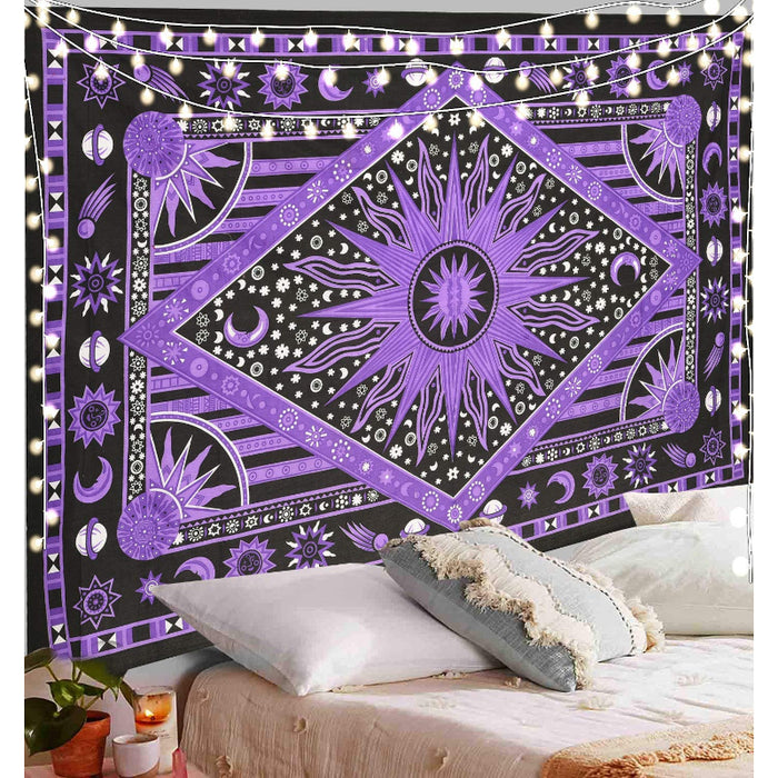 Burning Sun Tie Dye Tapestry, Celestial Sun Moon Star Planet Bohemian Tapestry Tarot Wall Hanging Boho Hippie Hippy Beach Coverlet Curtain - Purple