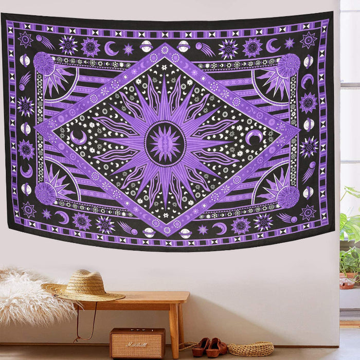 Burning Sun Tie Dye Tapestry, Celestial Sun Moon Star Planet Bohemian Tapestry Tarot Wall Hanging Boho Hippie Hippy Beach Coverlet Curtain - Purple