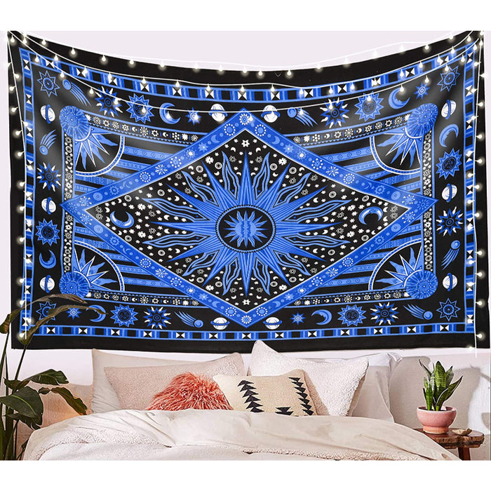 Burning Sun Tie Dye Tapestry, Celestial Sun Moon Star Planet Bohemian Tapestry Tarot Wall Hanging Boho Hippie Hippy Beach Coverlet Curtain - Blue