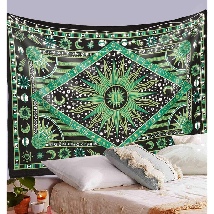 Burning Sun Tie Dye Tapestry, Celestial Sun Moon Star Planet Bohemian Tapestry Tarot Wall Hanging Boho Hippie Hippy Beach Coverlet Curtain - Green