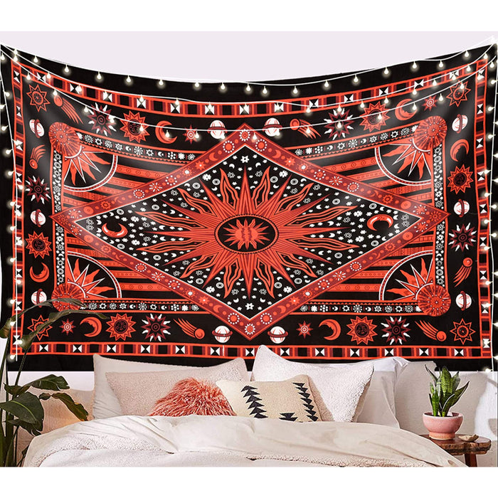 Burning Sun Tie Dye Tapestry, Celestial Sun Moon Star Planet Bohemian Tapestry Tarot Wall Hanging Boho Hippie Hippy Beach Coverlet Curtain - Red