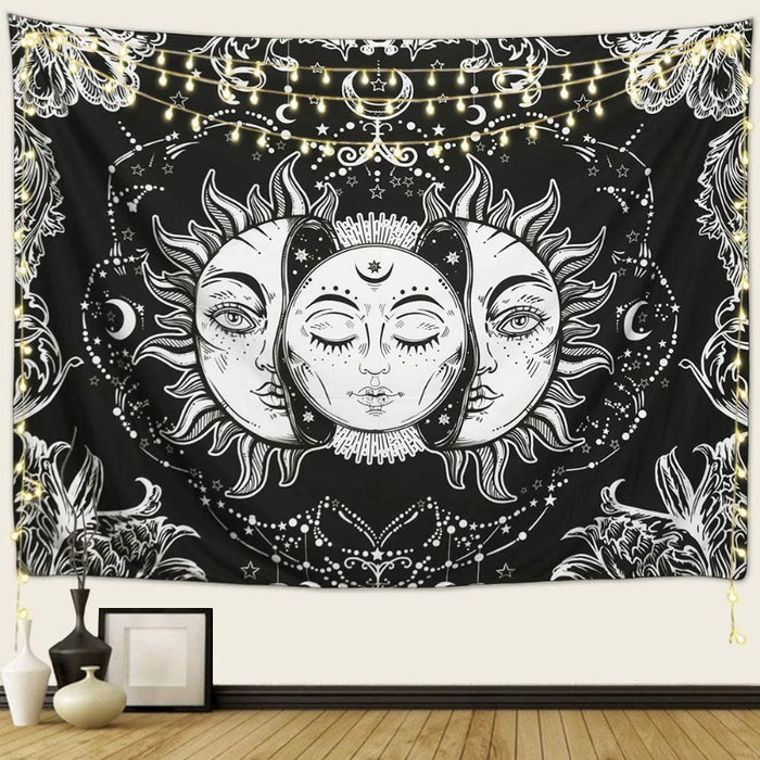 Sun And Moon Tapestry, Sun With Stars Psychedelic Popular Mystic Wall Hanging Tapestry For Bedroom Aesthetic Black And White Beach Blanket