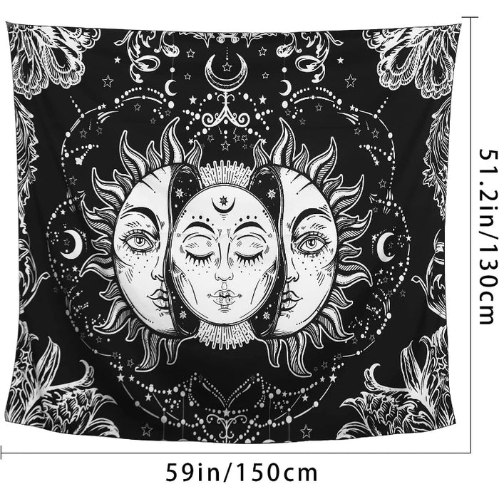 Sun And Moon Tapestry, Sun With Stars Psychedelic Popular Mystic Wall Hanging Tapestry For Bedroom Aesthetic Black And White Beach Blanket