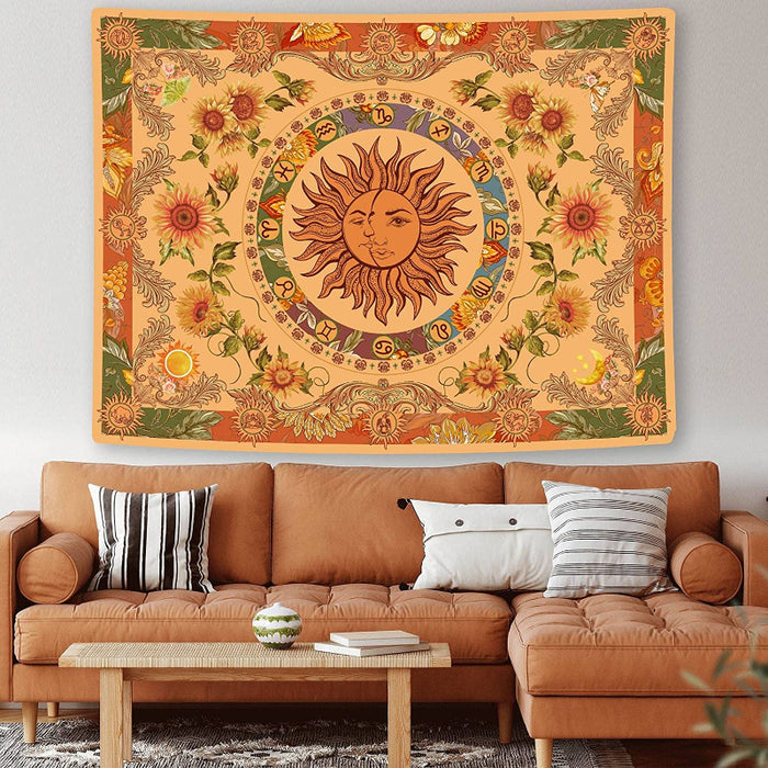 Yellow Sun And Moon Tapestry Vintage Indie Boho Wall Hanging With Sunflowers Butterfly Moth Constellation Aesthetic Tapestries For Bedroom Dorm Living Room