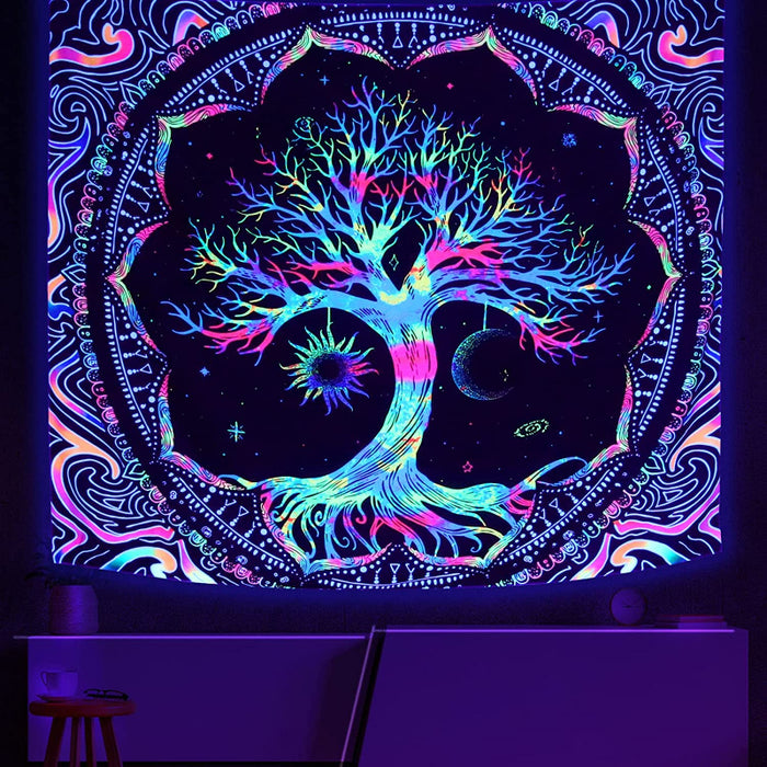 Blacklight Tree of Life Tapestry for Bedroom Aesthetic Sun and Moon Star Trippy Tapestry UV Reactive Mandala Galaxy Space Tapestry for Party Home Decor