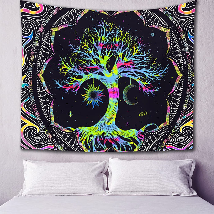 Blacklight Tree of Life Tapestry for Bedroom Aesthetic Sun and Moon Star Trippy Tapestry UV Reactive Mandala Galaxy Space Tapestry for Party Home Decor