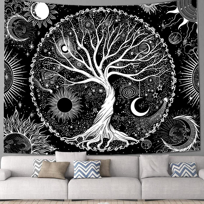 Tree of Life Tapestry Black And White Wall Tapestry For Bedroom Sun And Moon Stars Galaxy Space Tapestry Aesthetic Wall Hanging For Living Dinning Room Decoration