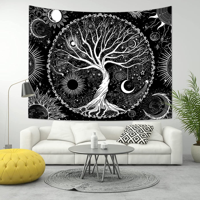 Tree of Life Tapestry Black And White Wall Tapestry For Bedroom Sun And Moon Stars Galaxy Space Tapestry Aesthetic Wall Hanging For Living Dinning Room Decoration