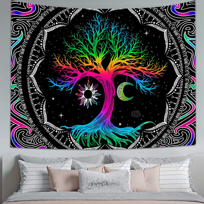 Tree Of Life Tapestry Sun And Moon Tapestry Mandala Trippy Galaxy Space Colorful Bohemian Boho Tapestry Black Aesthetic Tapestry For Bedroom