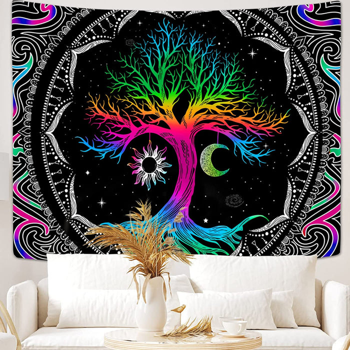 Tree Of Life Tapestry Sun And Moon Tapestry Mandala Trippy Galaxy Space Colorful Bohemian Boho Tapestry Black Aesthetic Tapestry For Bedroom