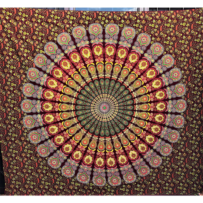 Indian hippie Bohemian Psychedelic Golden Blue Peacock Mandala Wall hanging Bedding Tapestry - Maroon Yellow
