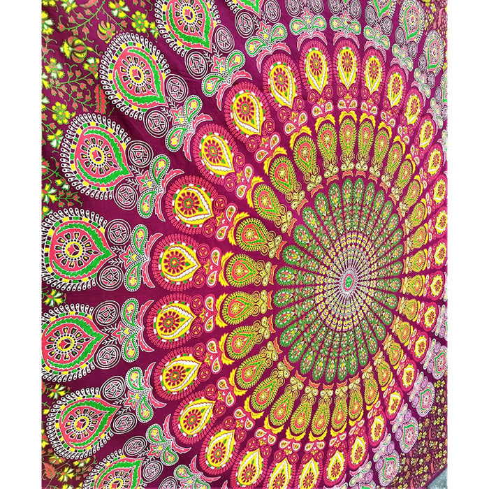 Indian hippie Bohemian Psychedelic Golden Blue Peacock Mandala Wall hanging Bedding Tapestry - Maroon Yellow